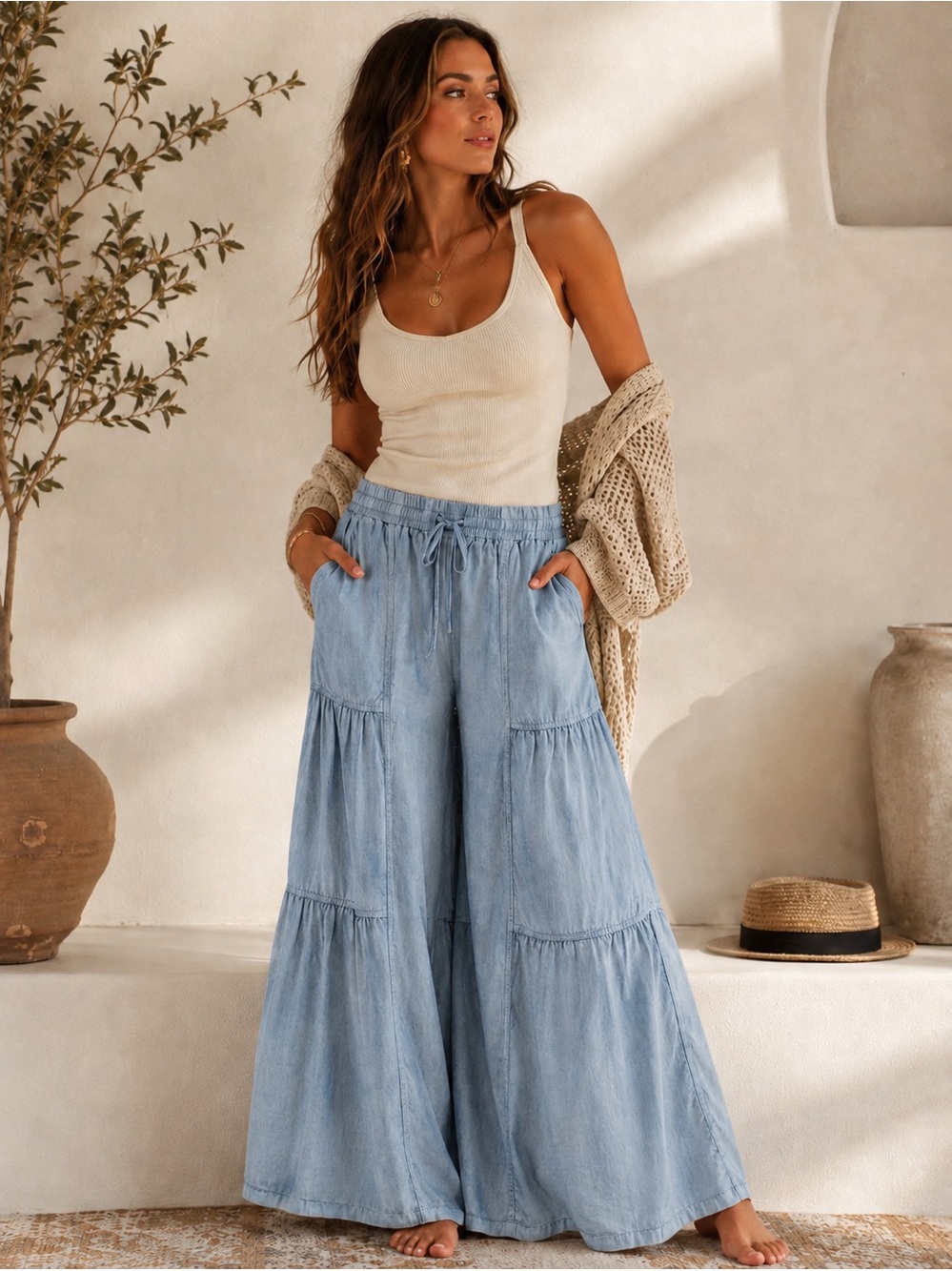 Coastal Boho Lyocell Tiered Palazzo Pants Wide Leg Resort Lounge Trousers